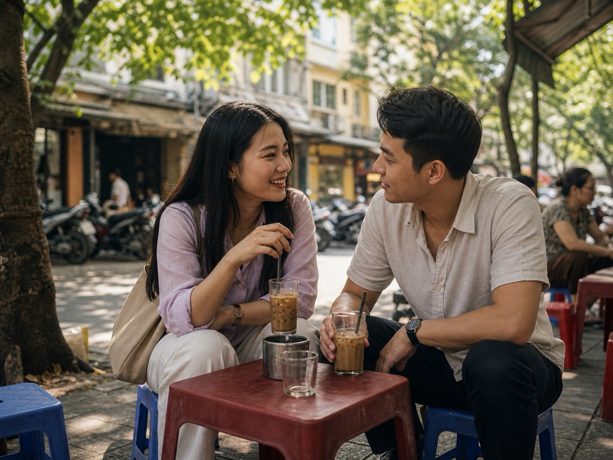 A couple on a date at a street-corner coffee spot in Hanoi, Vietnam
