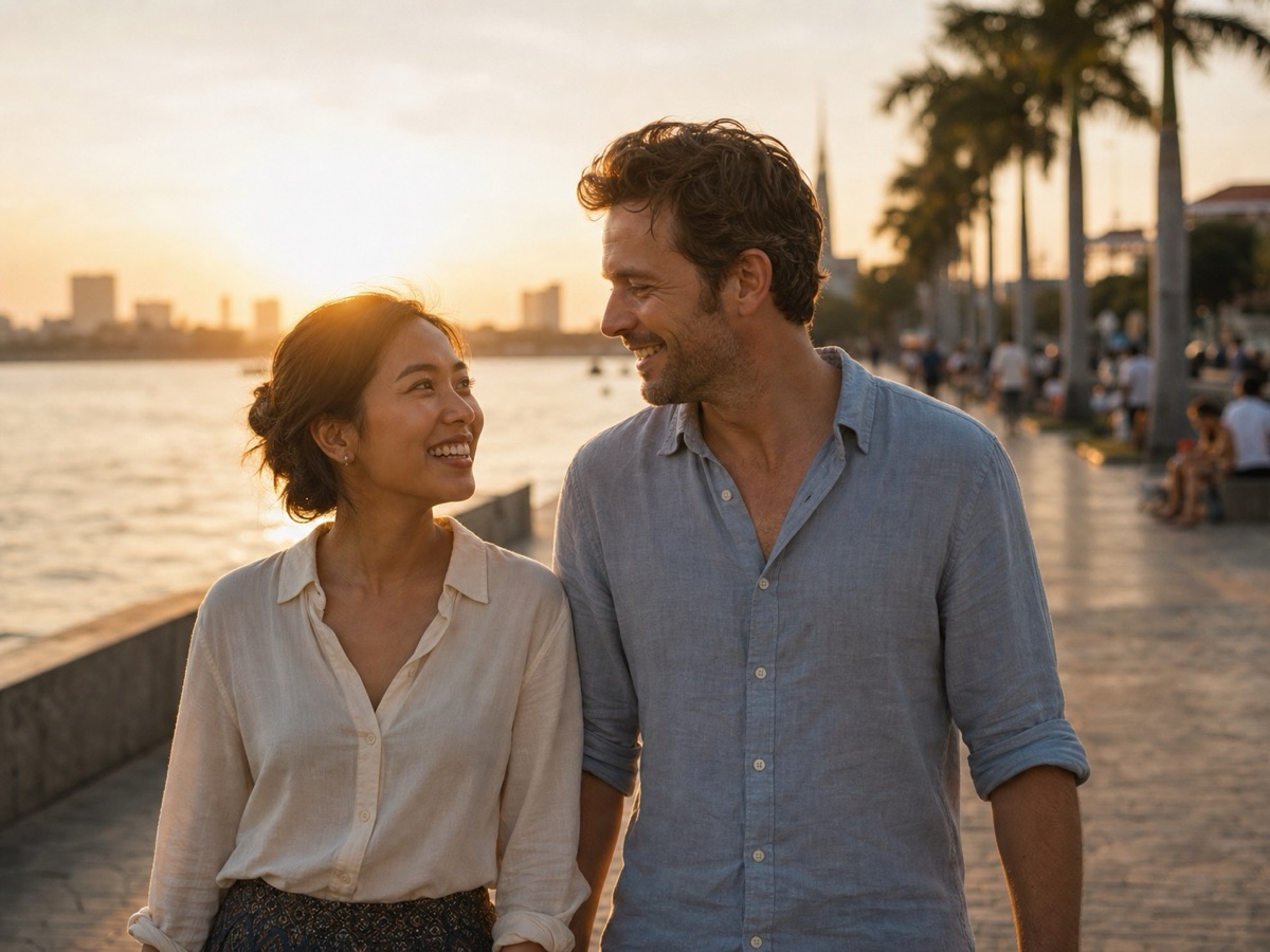 A couple on a date by the riverside in Phnom Penh, Cambodia