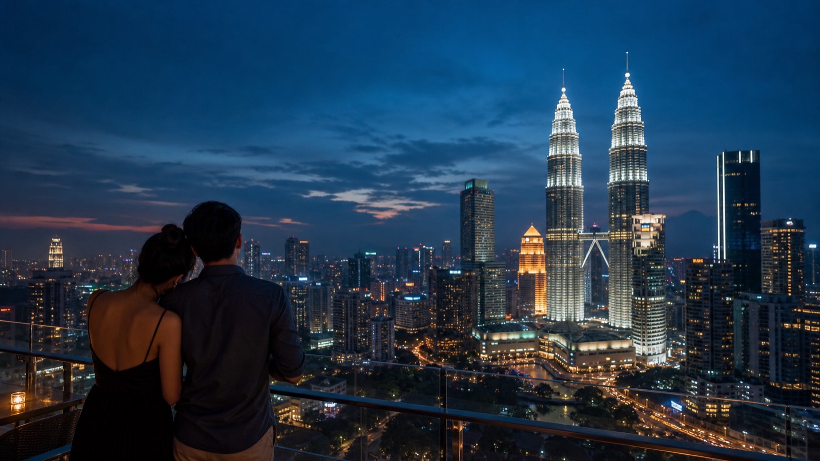 A couple at a Kuala Lumpur rooftop bar overlooking the Petronas Towers, dating in Malaysia with AsiaFlare