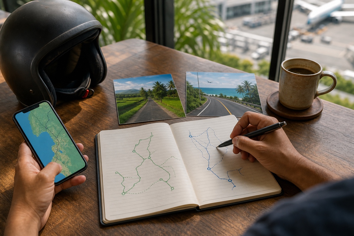 A traveller comparing a Bali scooter route and a Phuket airport-to-beach map on a phone