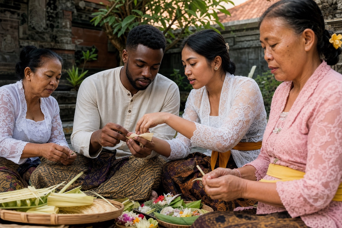 A foreign man respectfully joining a Balinese woman and her family while preparing offerings at a family compound