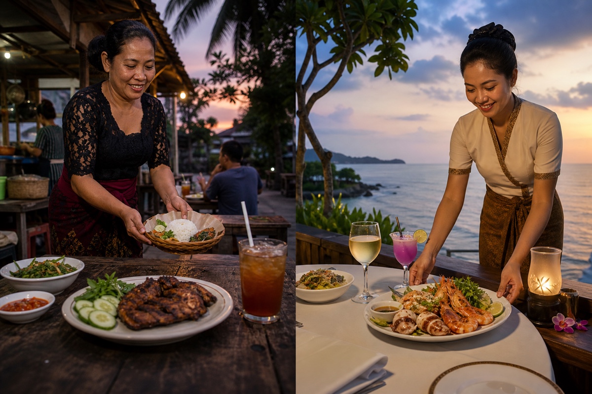 A local Bali warung meal and a Phuket resort dinner showing two very different island budgets