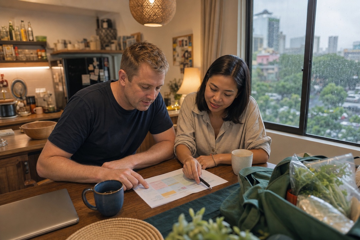An established couple planning an ordinary week together at home rather than posing at a beach club