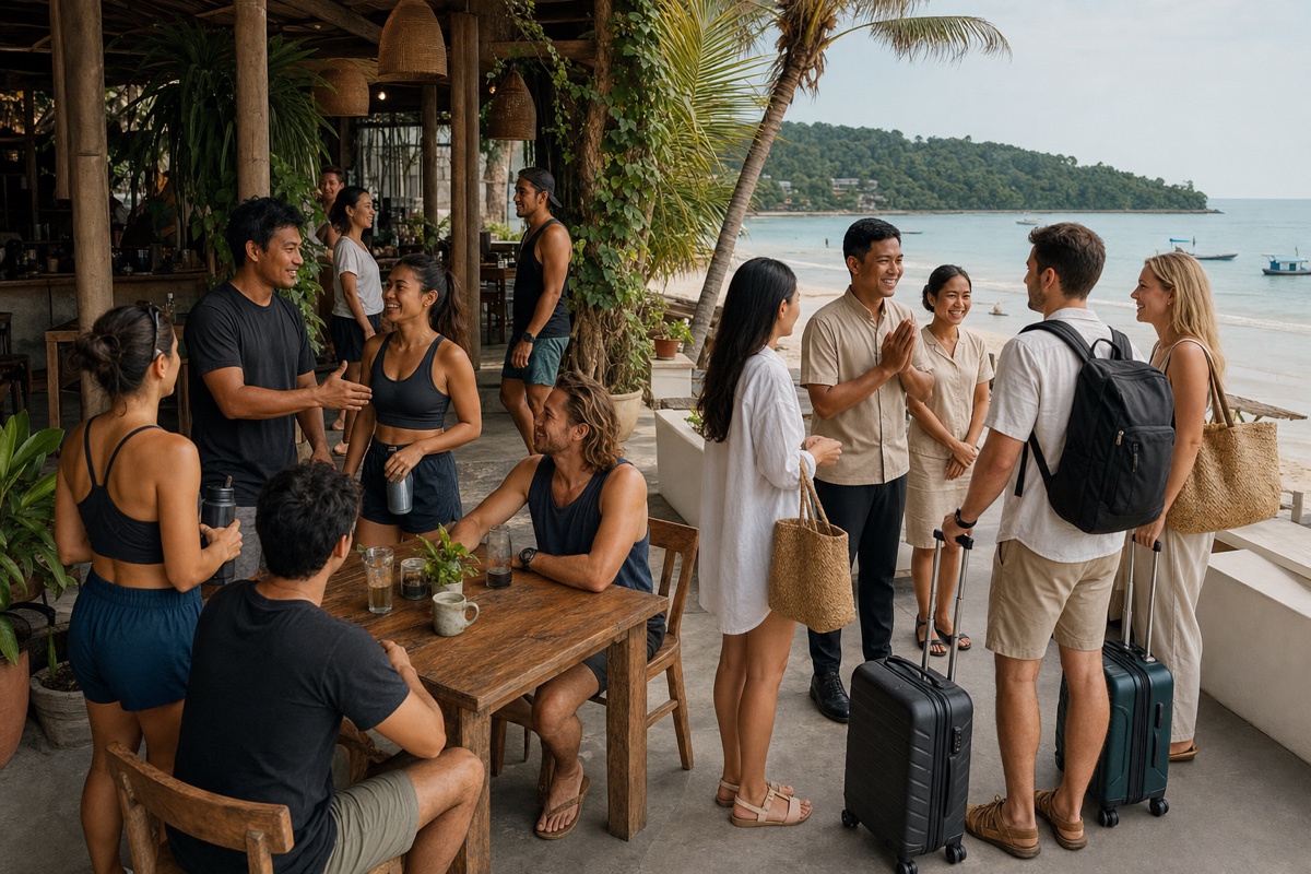 A recurring Bali community cafe scene contrasted with new arrivals meeting near a Phuket beach