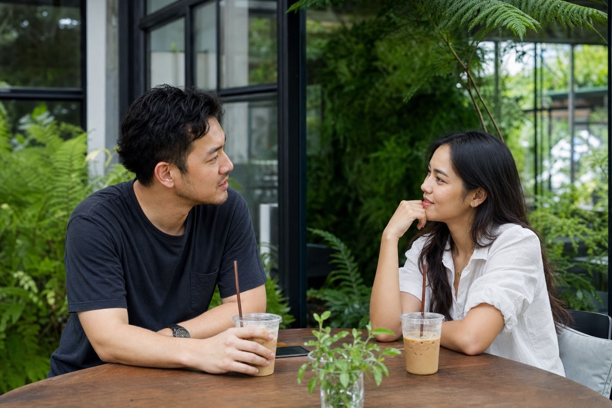 A foreign man and a Thai woman on a relaxed daytime coffee date at a leafy garden cafe in Bangkok