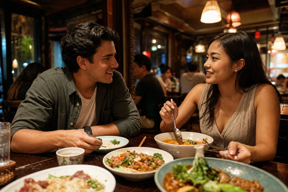 A foreign man and a Thai woman sharing Thai dishes at an intimate Bangkok restaurant