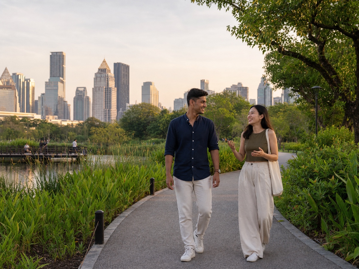A foreign man and a Thai woman walking through Benjakitti Forest Park with Bangkok towers behind them