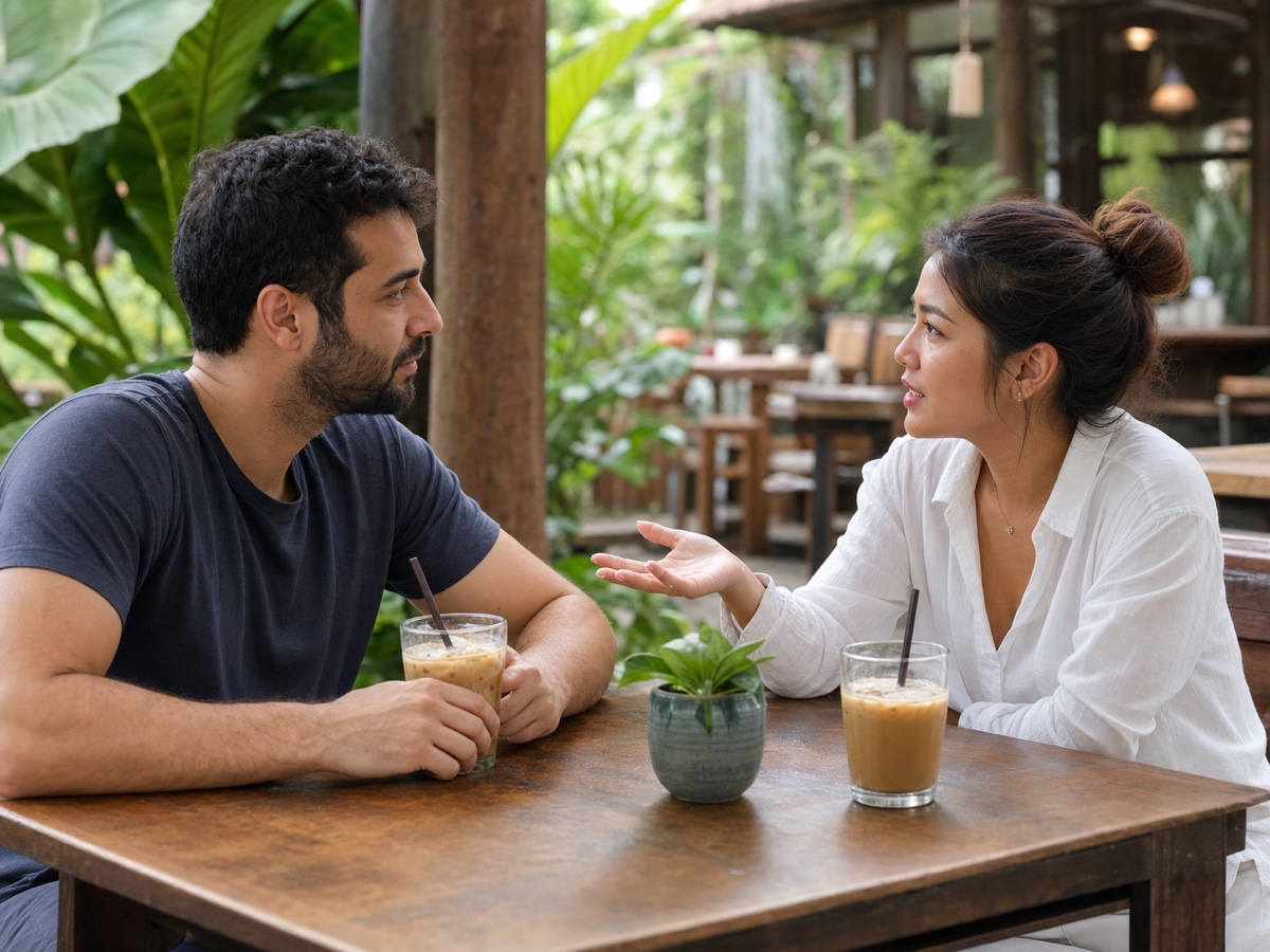 A foreign man and a Thai woman talking honestly over iced coffee at an open-air Chiang Mai cafe