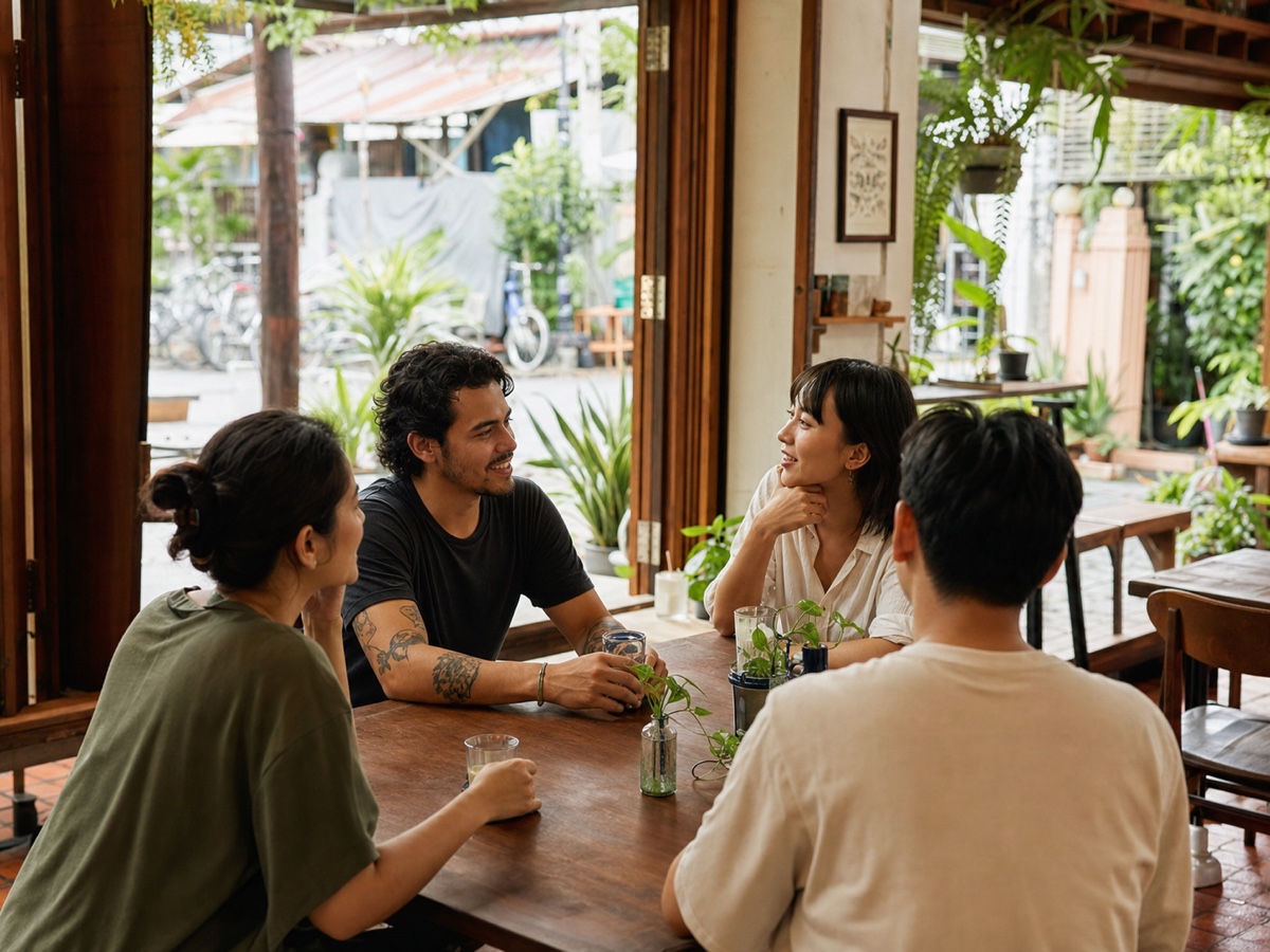 A mixed group of locals and foreigners talking at a relaxed Chiang Mai community cafe