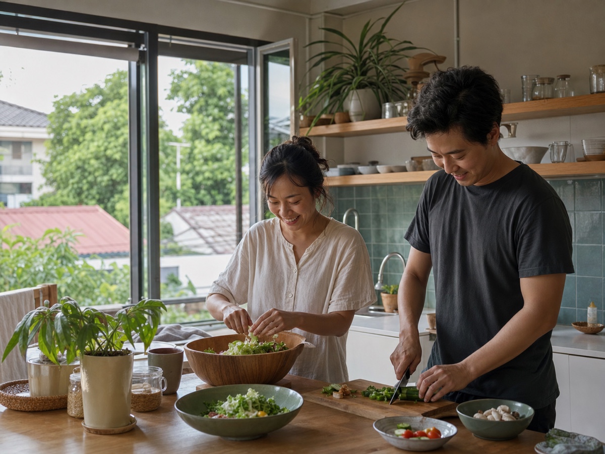 An established foreign man and Thai woman cooking a simple weeknight meal together in a bright apartment