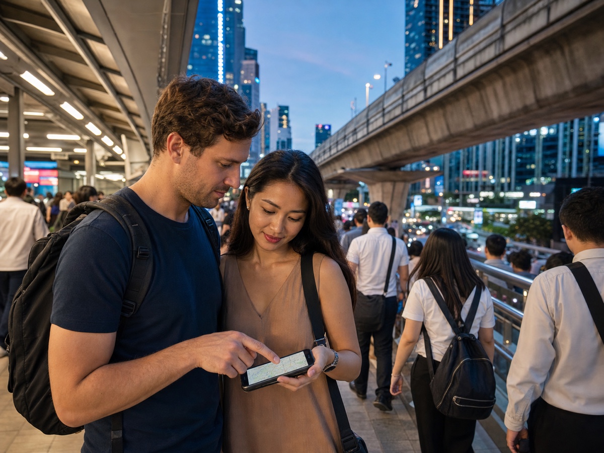 A couple checking a phone transit map beside a Bangkok BTS station during the evening rush