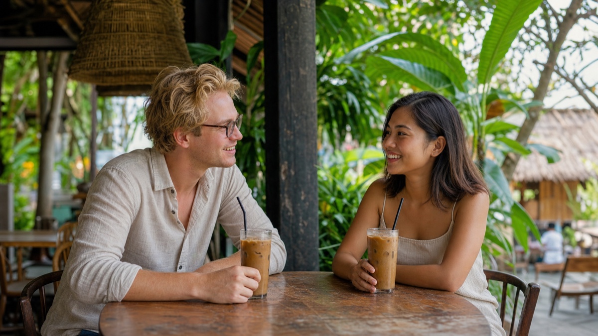 A couple talking over iced coffee at an open-air cafe