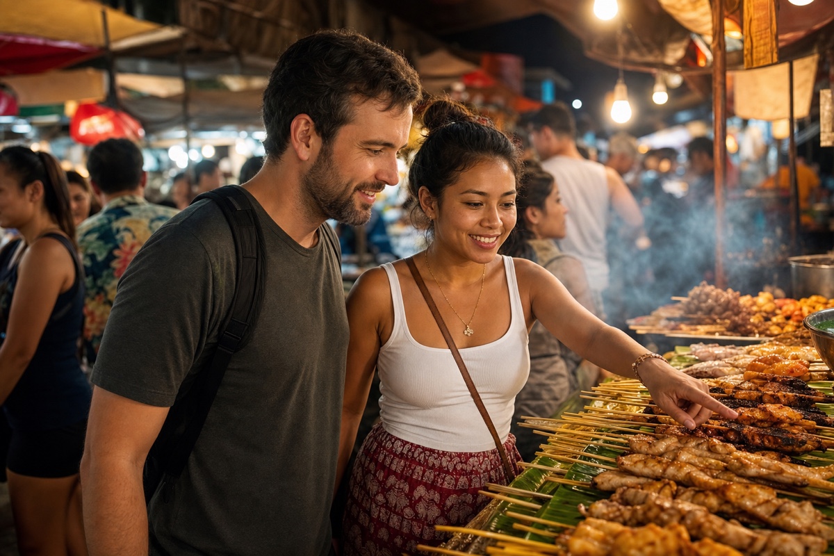 A couple browsing food stalls at a busy Southeast Asian night market in the evening