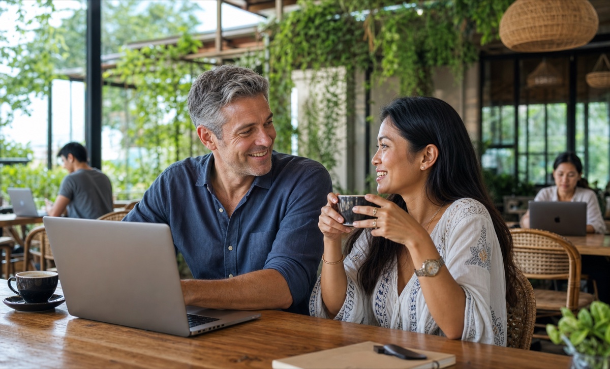A couple working and chatting at a laptop-friendly cafe popular with remote workers