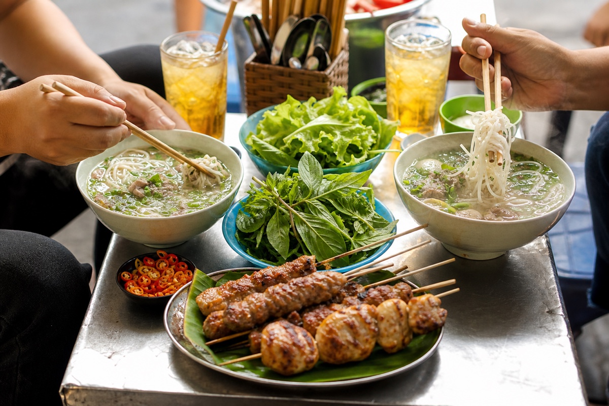 Colorful street food dishes shared on a small table at a local food stall