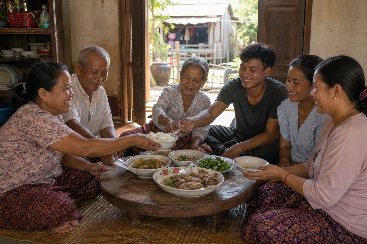 A multi-generational Khmer family sharing a home-cooked lunch around a low table