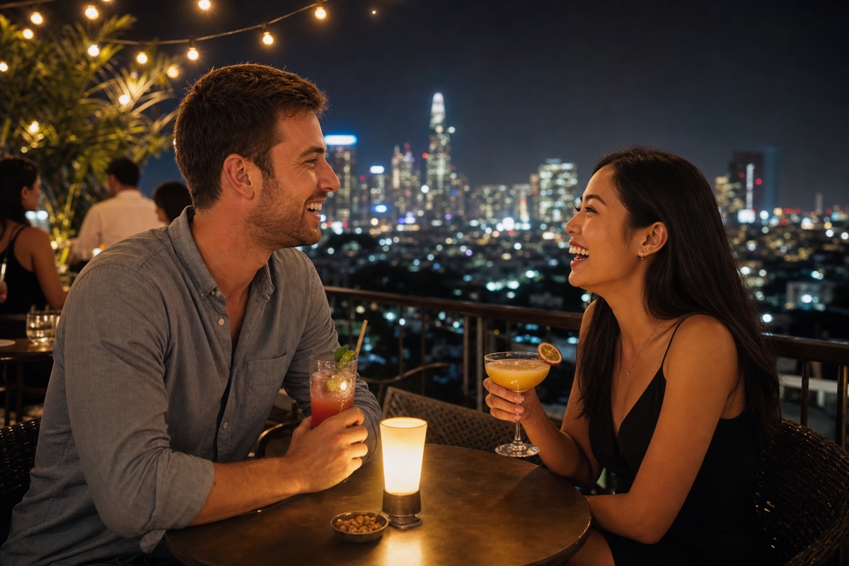 A foreign man and a Vietnamese woman talking over drinks at a lively Saigon rooftop bar at night