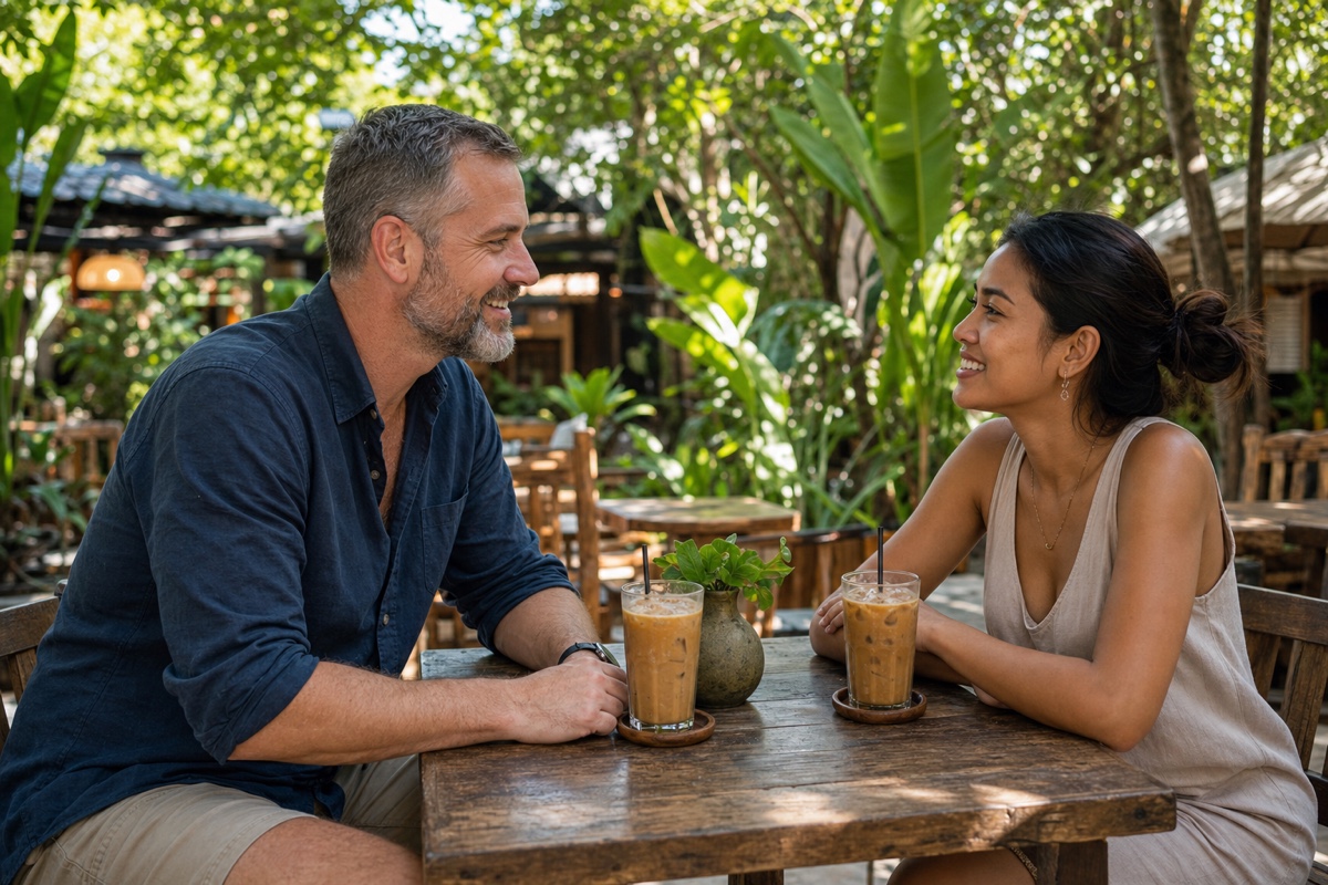 A foreign man and a Khmer woman on a quiet daytime coffee date at a cafe in Siem Reap
