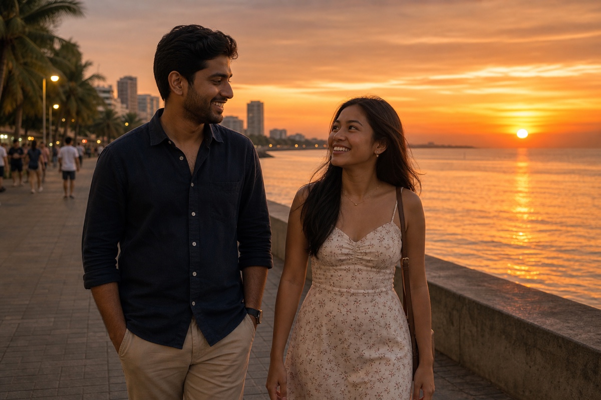 A couple on an evening walk together along Manila Bay at sunset