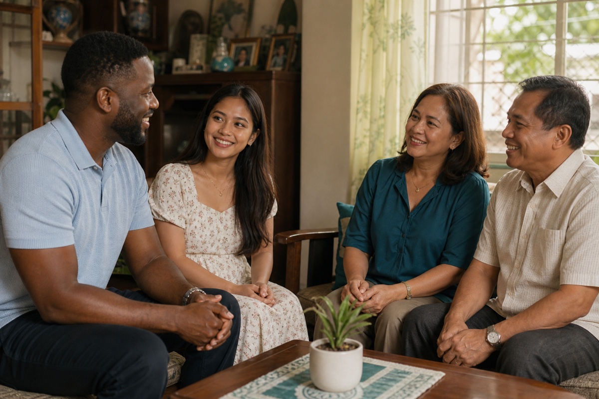 A foreign suitor being introduced to a Filipina woman's parents in a cosy family living room
