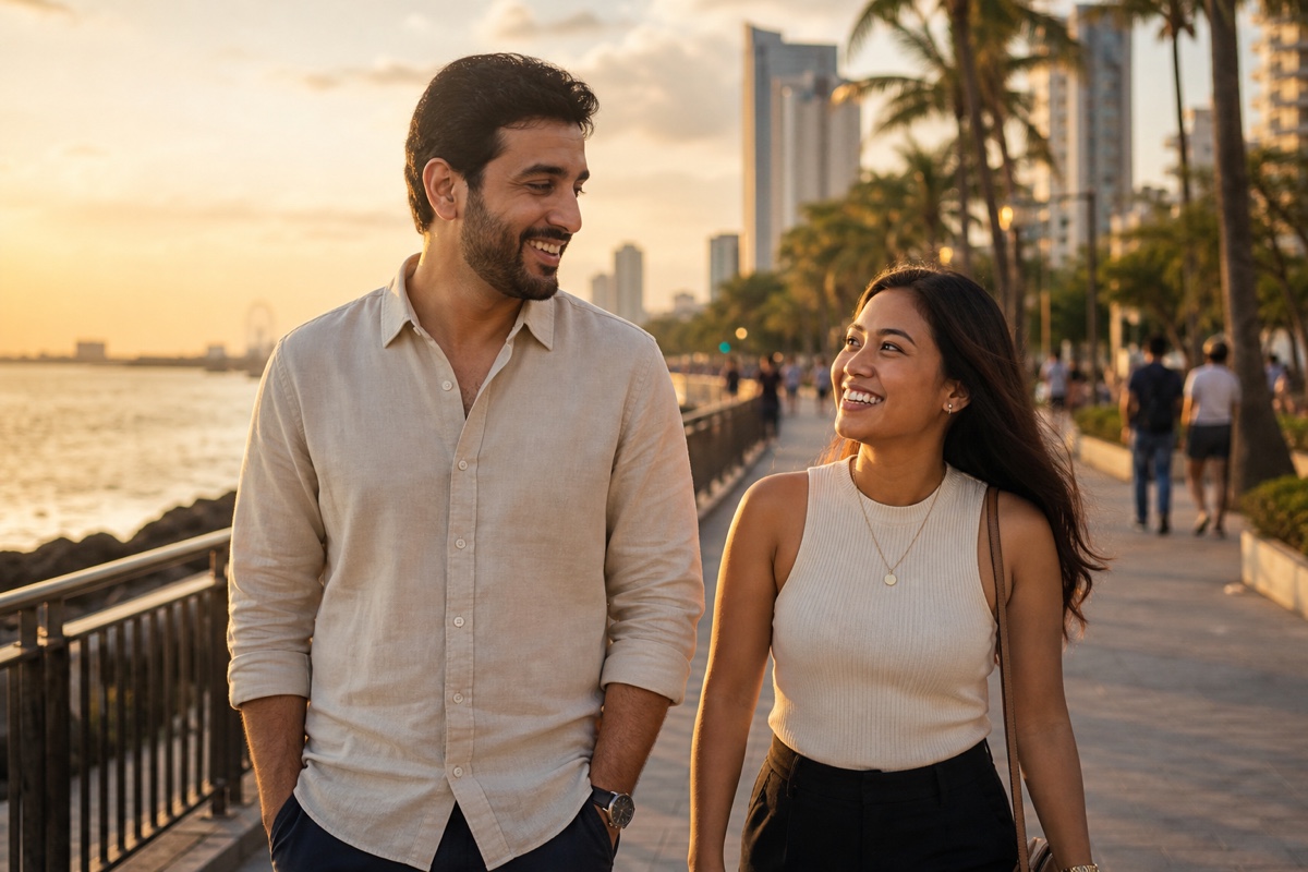 A foreign man and a Filipina walking together along a scenic Manila bayside promenade at golden hour