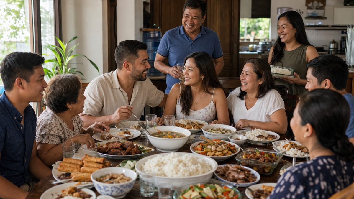 A foreign man sharing a big lively Filipino family lunch around a full table with his Filipina partner and her extended family