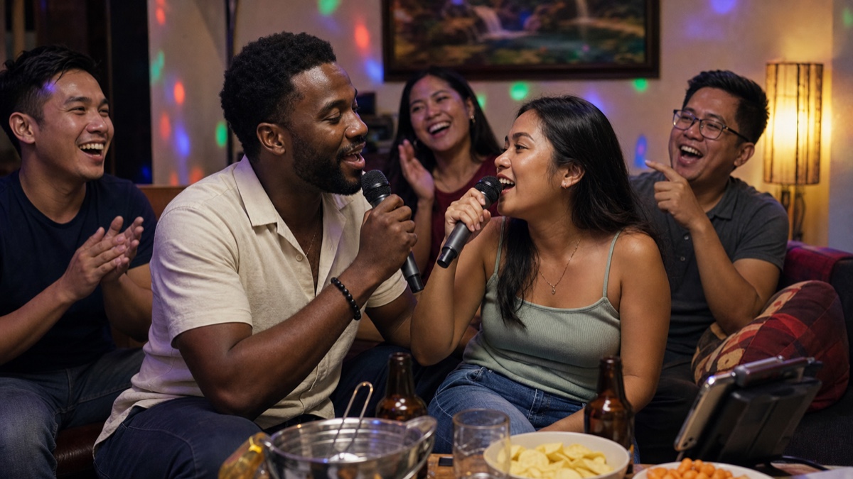 A foreign man and a Filipina singing karaoke together with friends at a lively Filipino videoke night