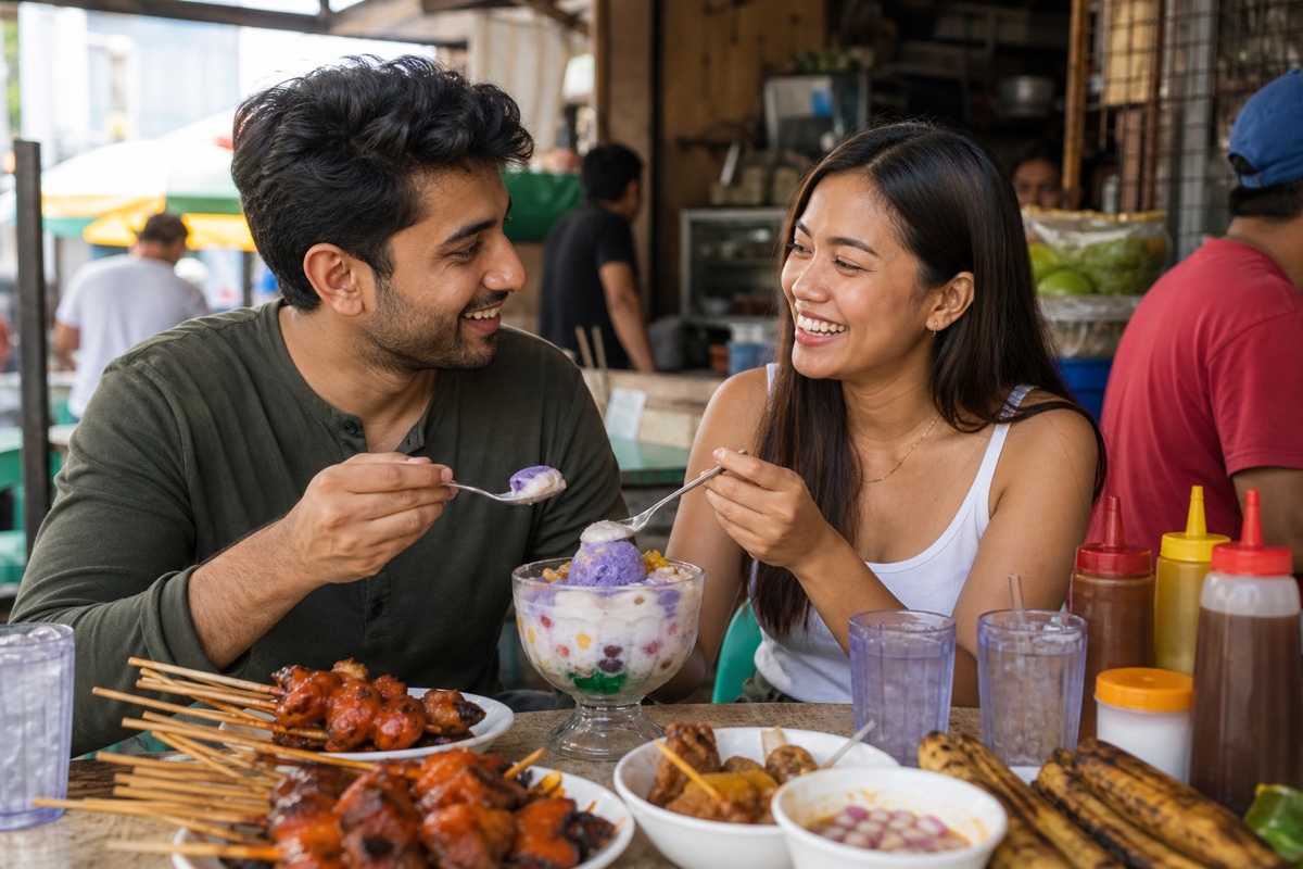 A foreign man and a Filipina sharing Filipino street food and halo-halo at a casual eatery