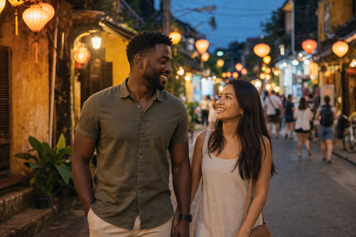 A foreign man and a local Asian woman walking together down a lantern-lit old town street in the evening