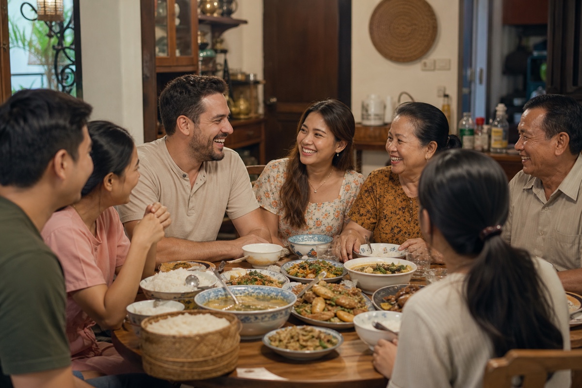 A foreign man sharing a warm home-cooked family meal with his local partner and her relatives around a table in Asia