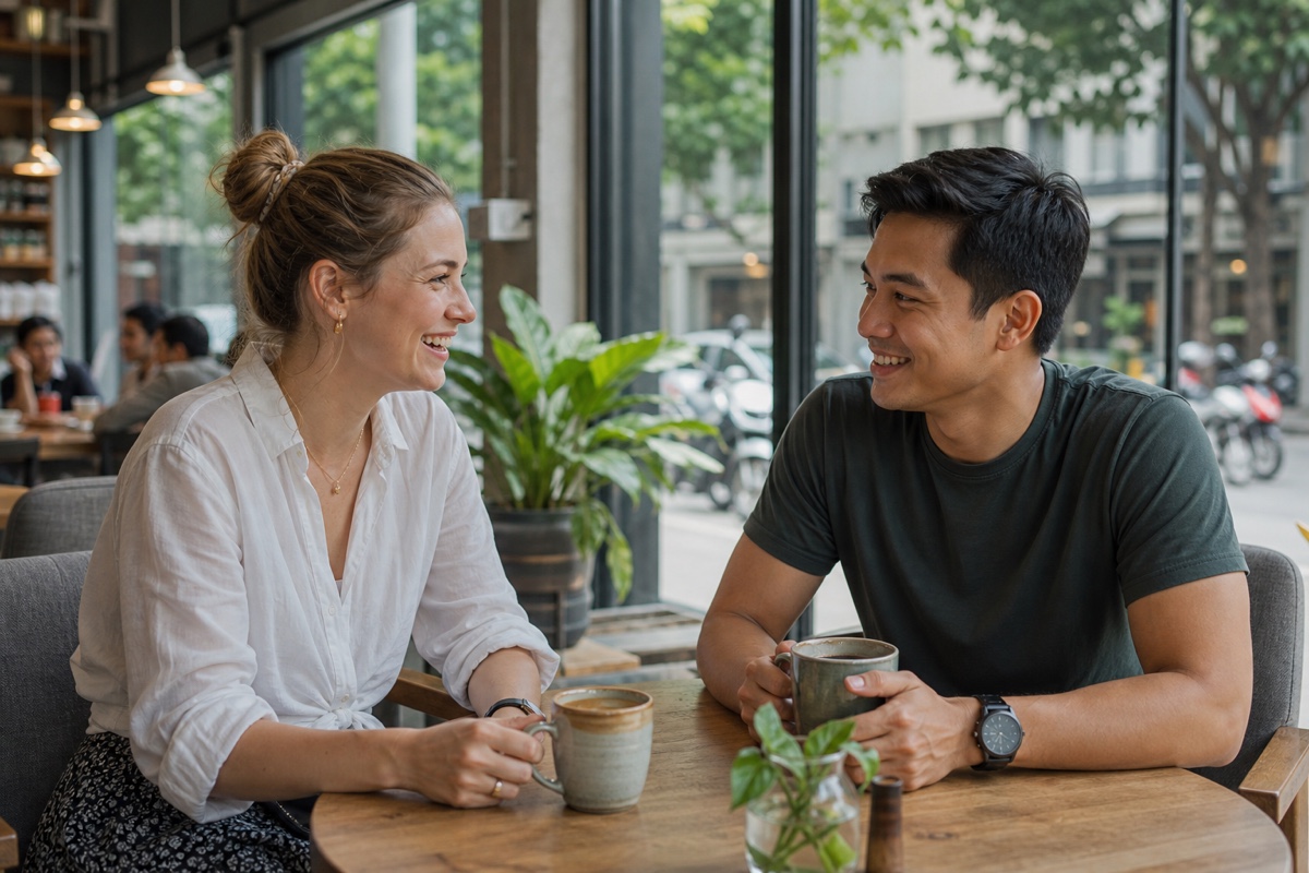 A foreign woman and a local Asian man on a relaxed coffee date together at a modern cafe