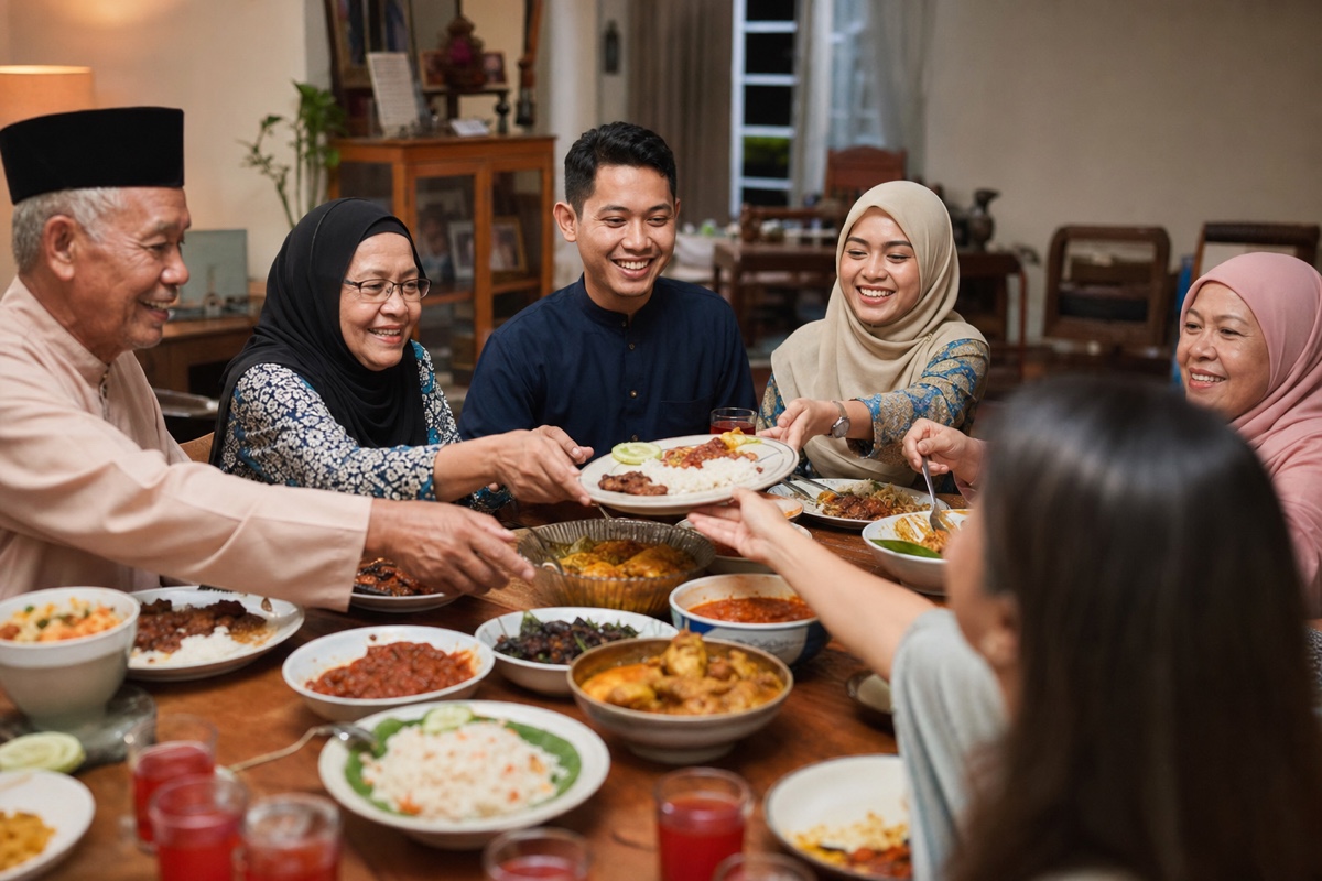 A multigenerational Malaysian family sharing a big home-cooked meal together around the table, welcoming the person their daughter is dating