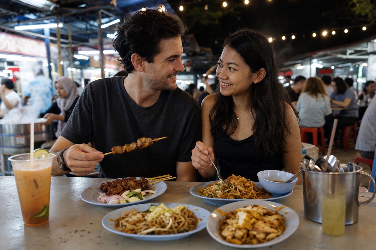 A foreign man and a Malaysian woman sharing plates of food at a lively Kuala Lumpur hawker centre in the evening