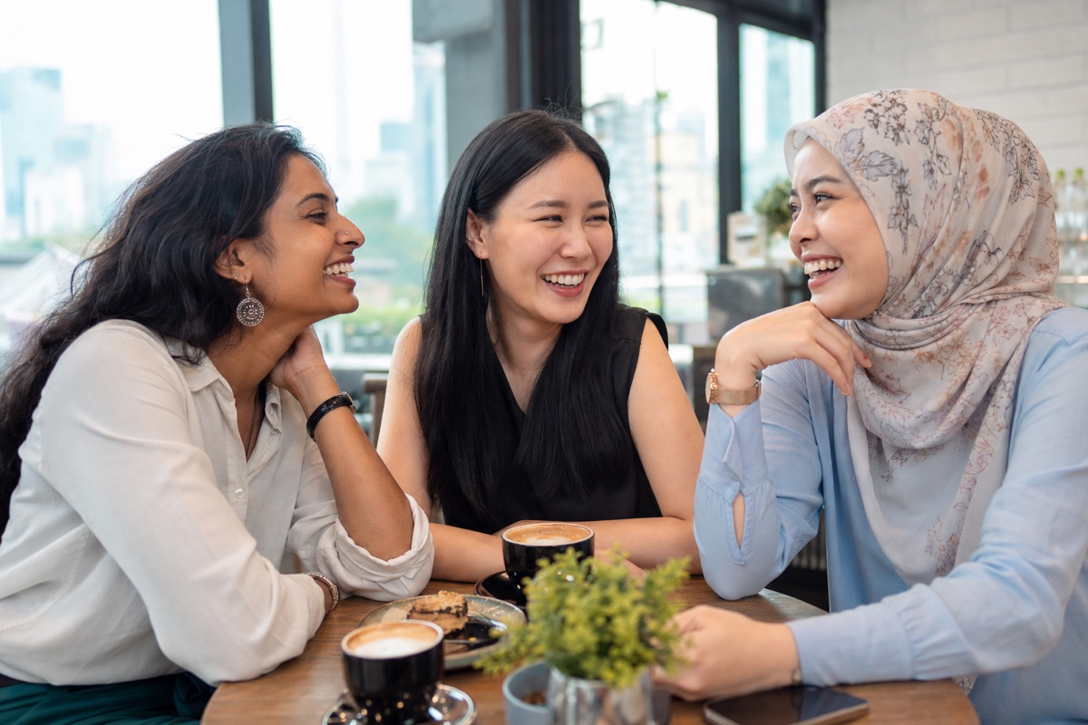 Three young Malaysian women, one in a hijab, one Chinese Malaysian, and one Indian Malaysian, laughing together over coffee at a bright Kuala Lumpur cafe