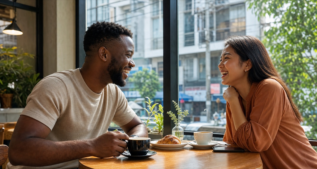 A foreign man and a Thai woman laughing together on a relaxed daytime coffee date in Bangkok