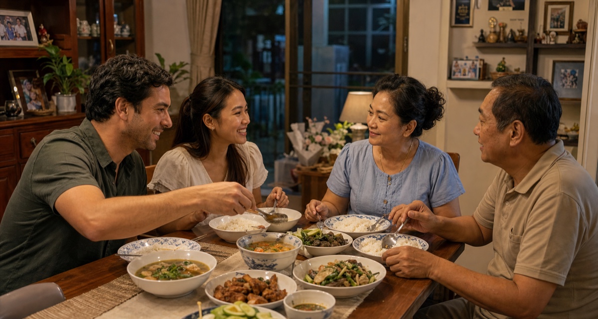 A foreign man sharing a warm family meal with his Thai partner and her parents at home
