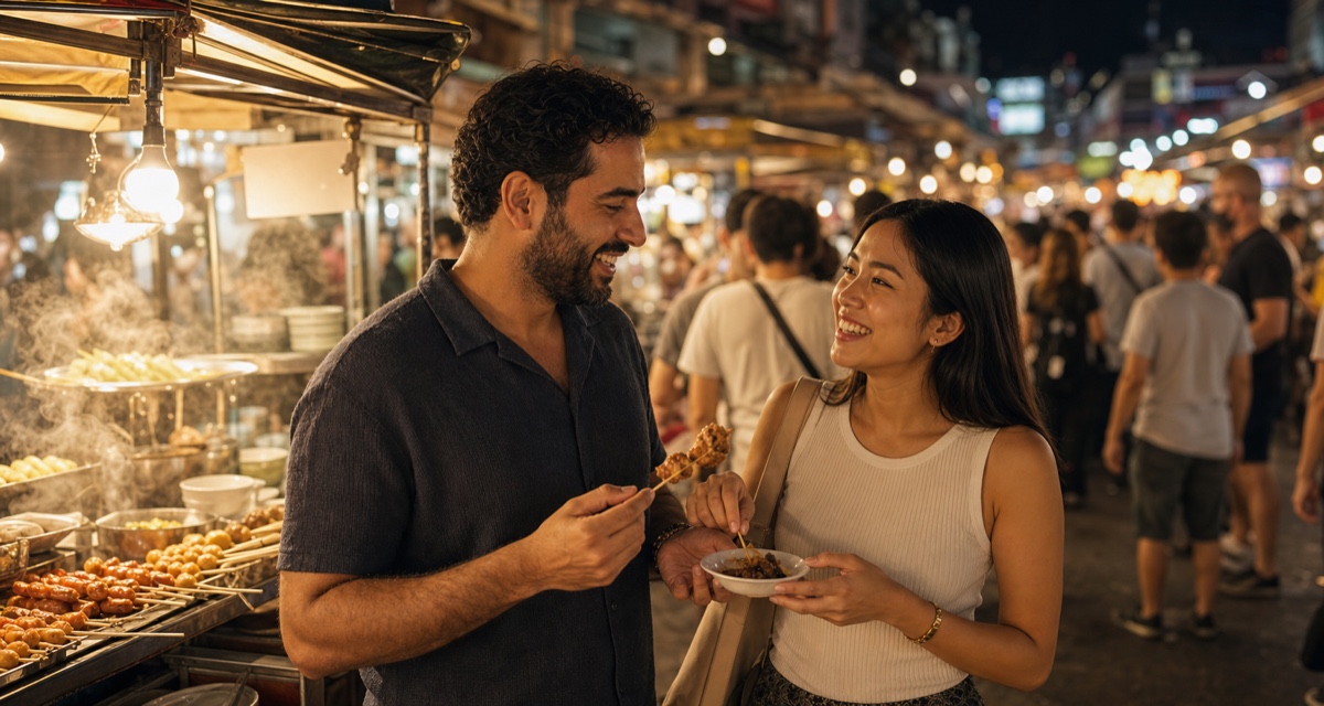 A foreign man and a Thai woman sharing street food together at a lively Bangkok night market in the evening