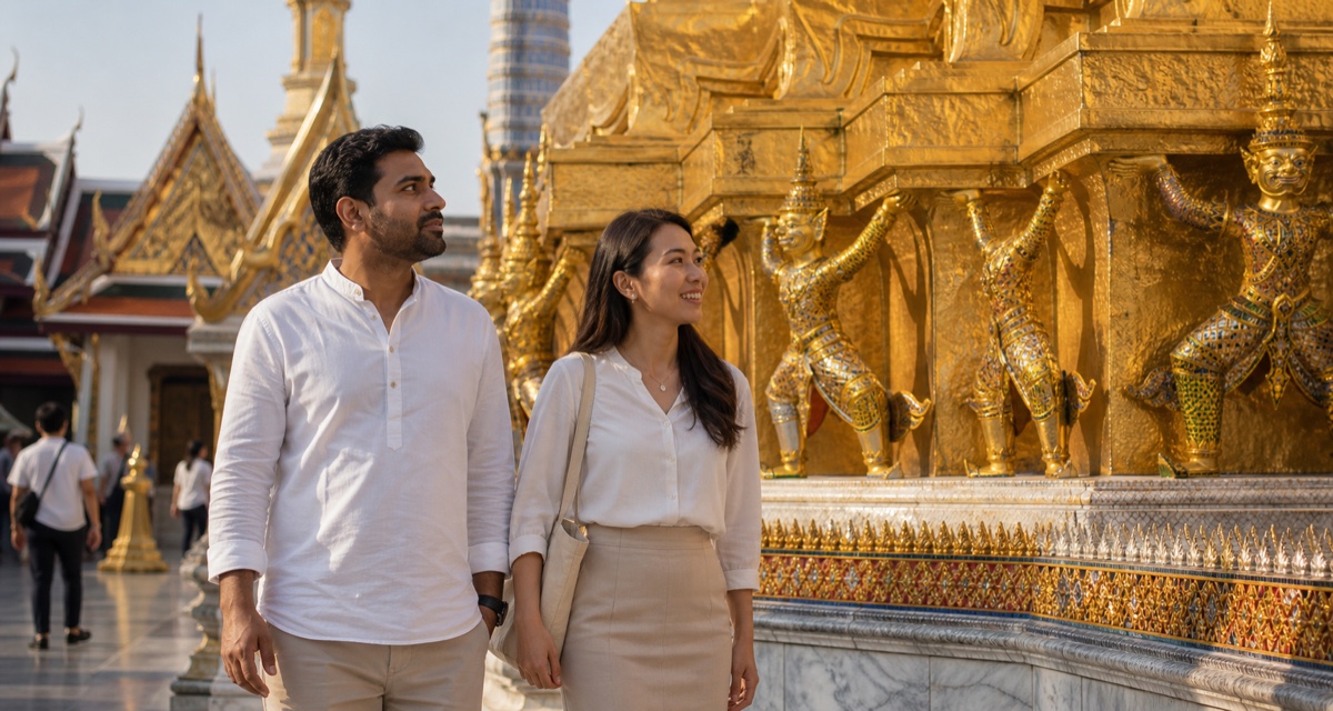 A foreign man and a Thai woman visiting a Buddhist temple together, dressed respectfully