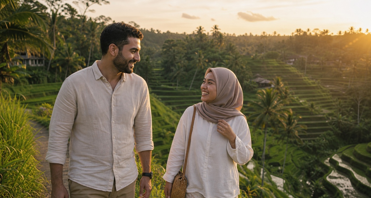 A foreign man and an Indonesian woman on a relaxed date at a scenic Bali rice terrace at golden hour