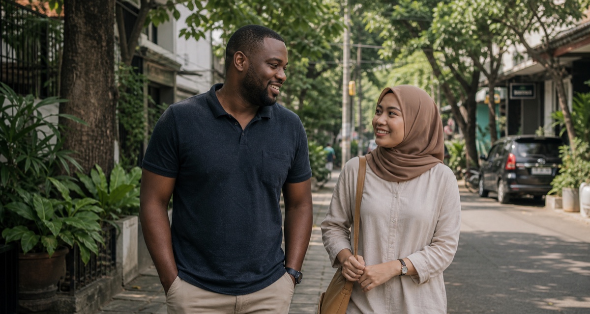 A foreign man and an Indonesian woman, one in a headscarf, on a relaxed modest daytime date in the city