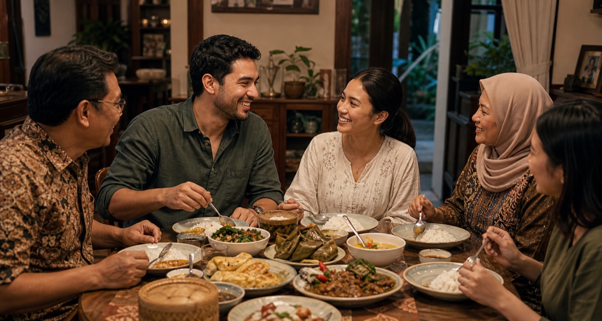 A foreign man sharing a warm family meal with his Indonesian partner and her family at home