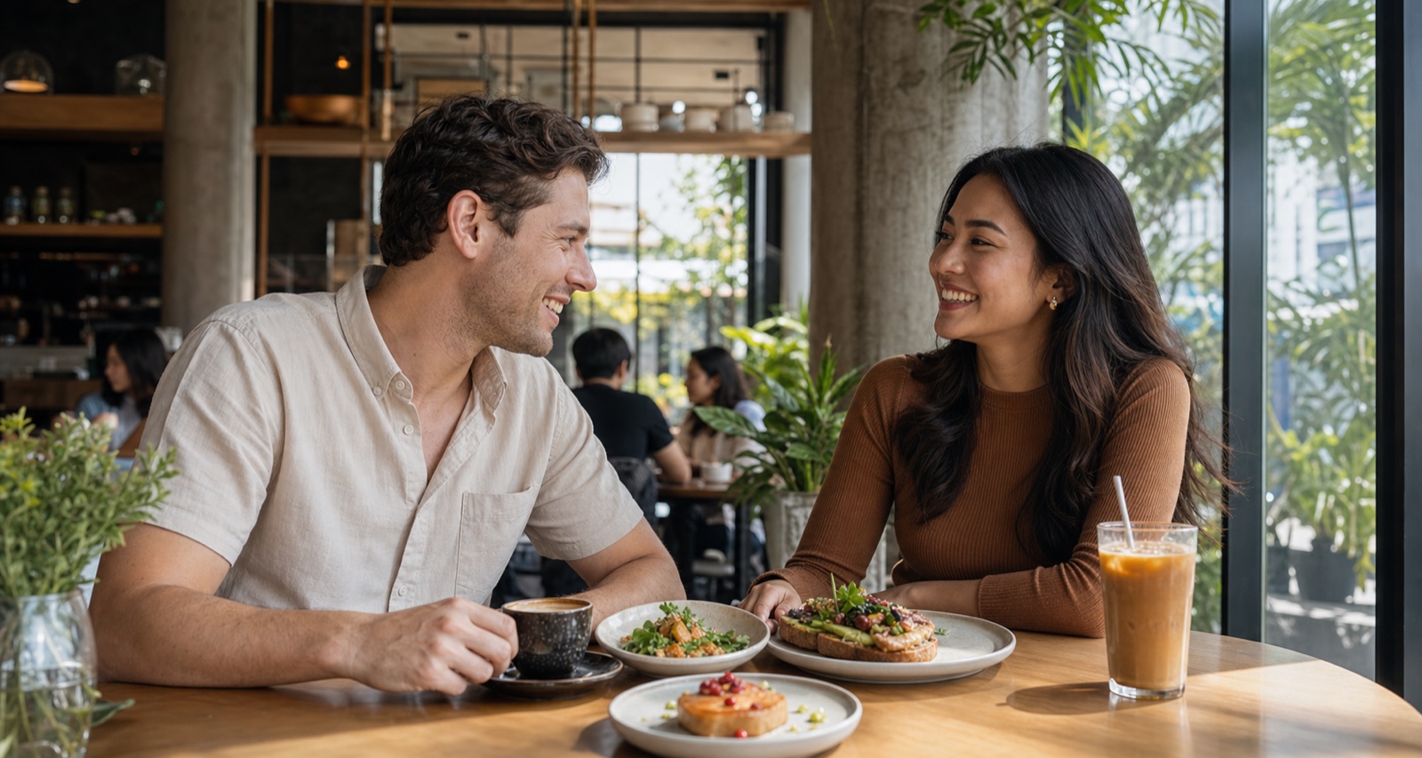 A foreign man and an Indonesian woman on a warm daytime date at a modern Jakarta cafe