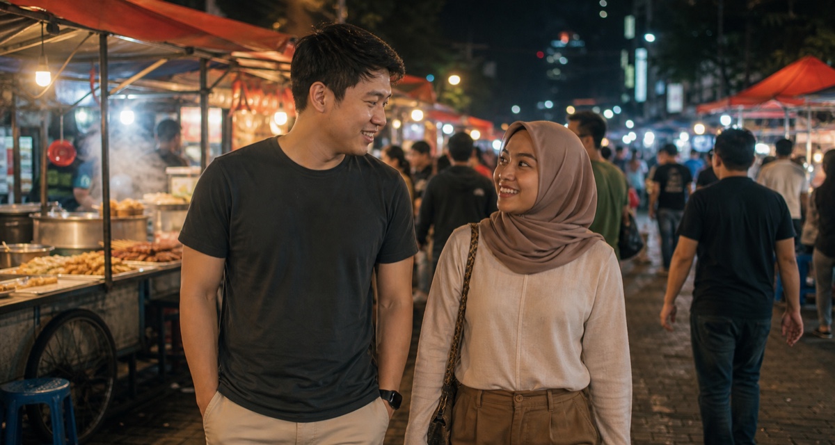 A foreign man and an Indonesian woman walking together through a lively Jakarta street market in the evening