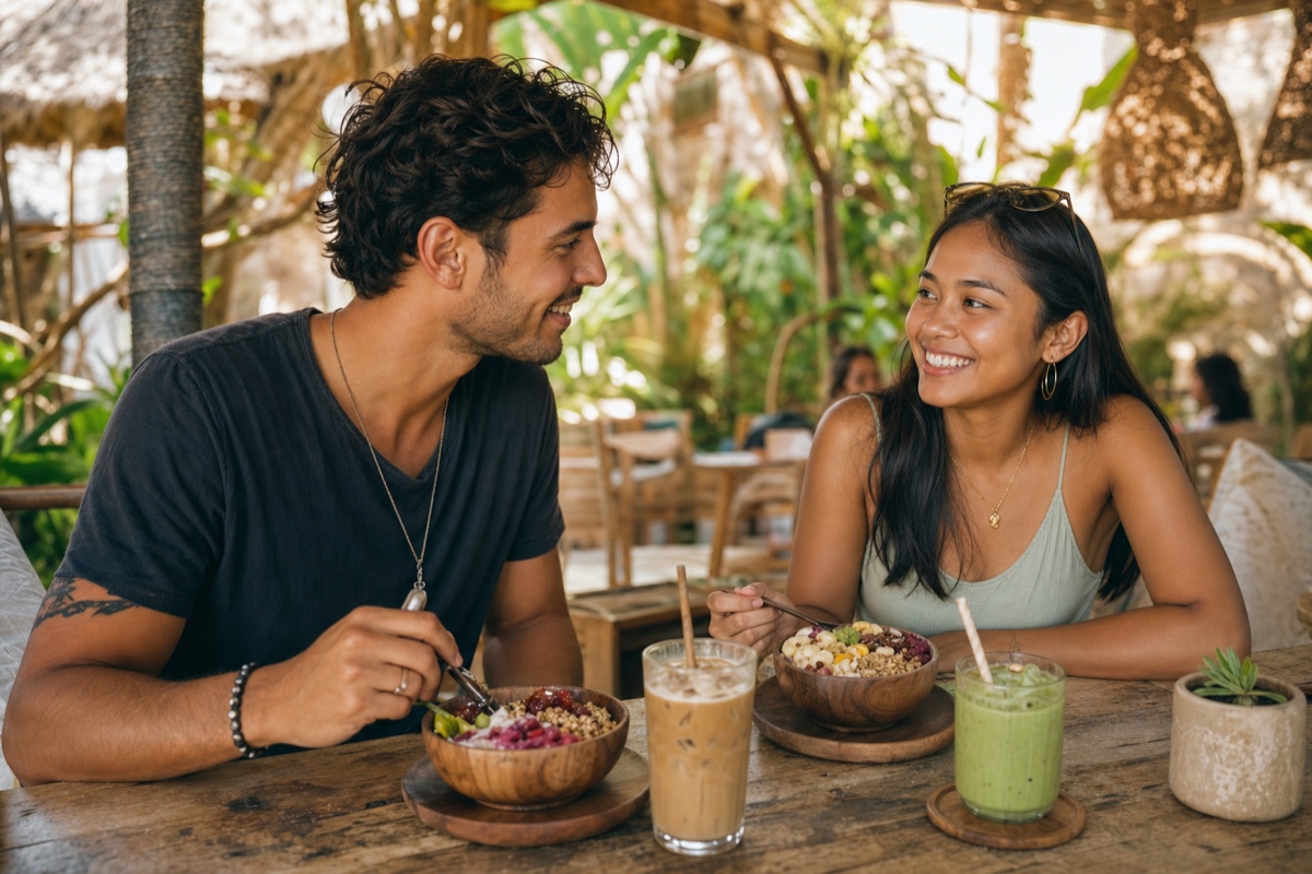 A foreign man and an Indonesian woman meeting for a coffee date at a relaxed cafe in Bali