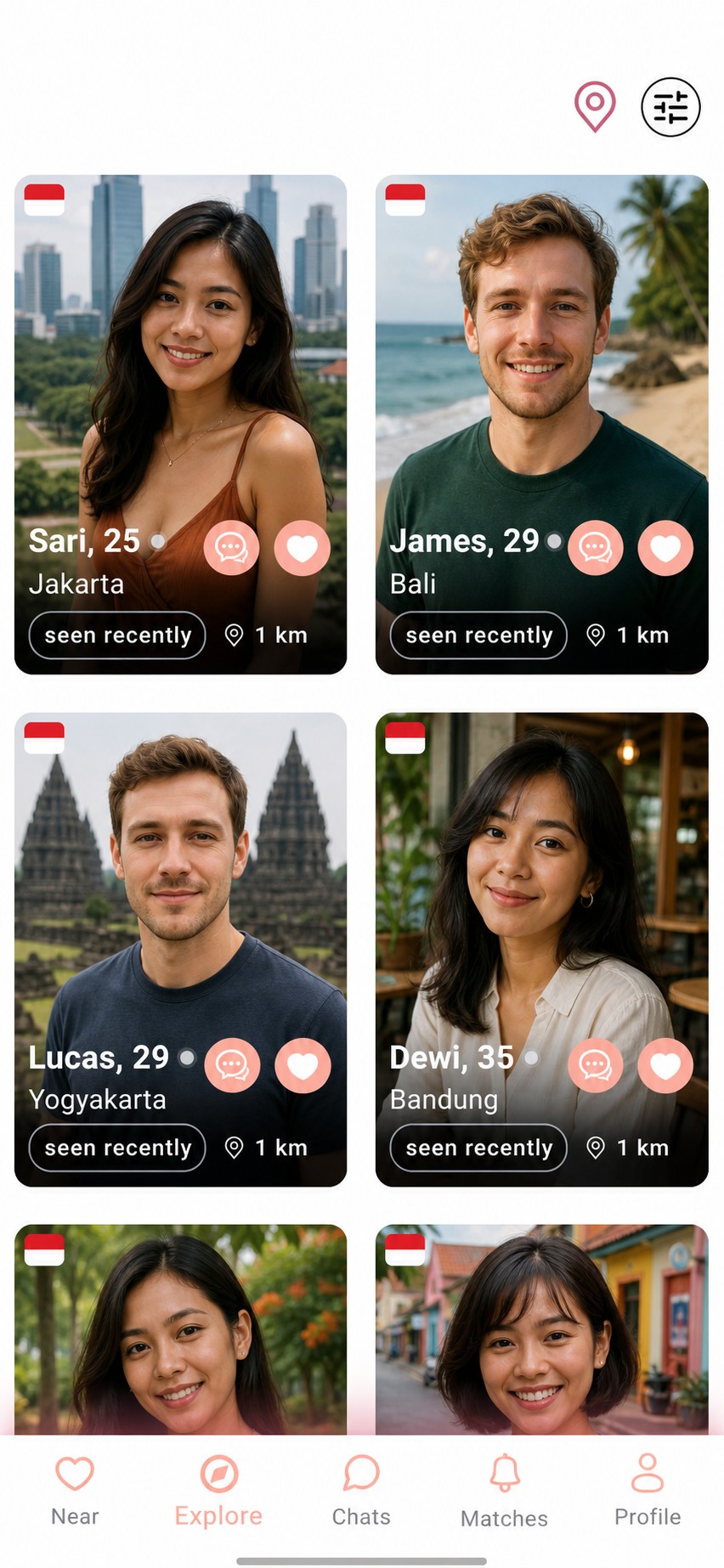 The AsiaFlare Explore screen, a grid of nearby profiles in Indonesia you can filter and message directly without matching