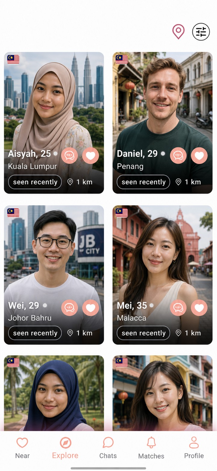 The AsiaFlare Explore screen, a grid of nearby profiles in Malaysia you can filter and message directly without matching