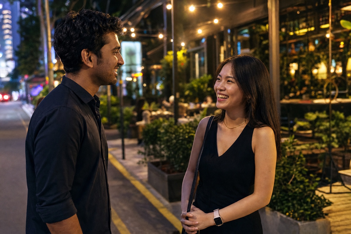 A foreign man and a Malaysian woman meeting for a first date outside a stylish cafe-bar in Kuala Lumpur at night