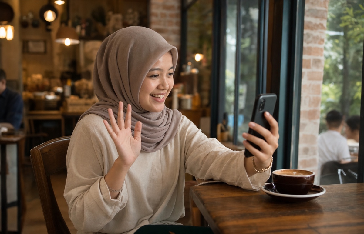 A young Malaysian woman doing a video call on her phone before meeting a match in person