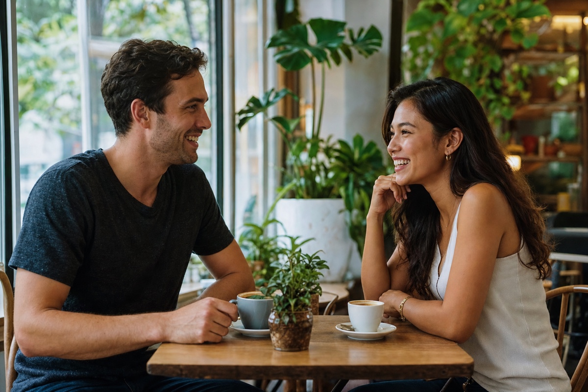 A foreign man and a Filipina talking and laughing over coffee on a first date at a cafe in Manila