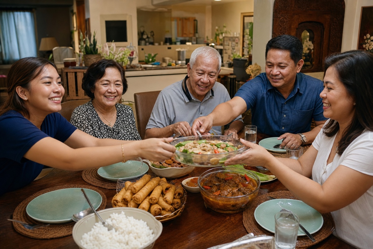 A Filipino family sharing a big meal together at home as a daughter introduces the person she is dating